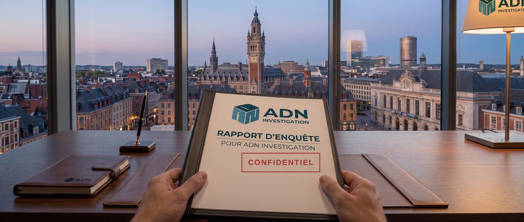 Confidential investigation report handed over by Agence Détective Nord, with a view of the Lille belfry